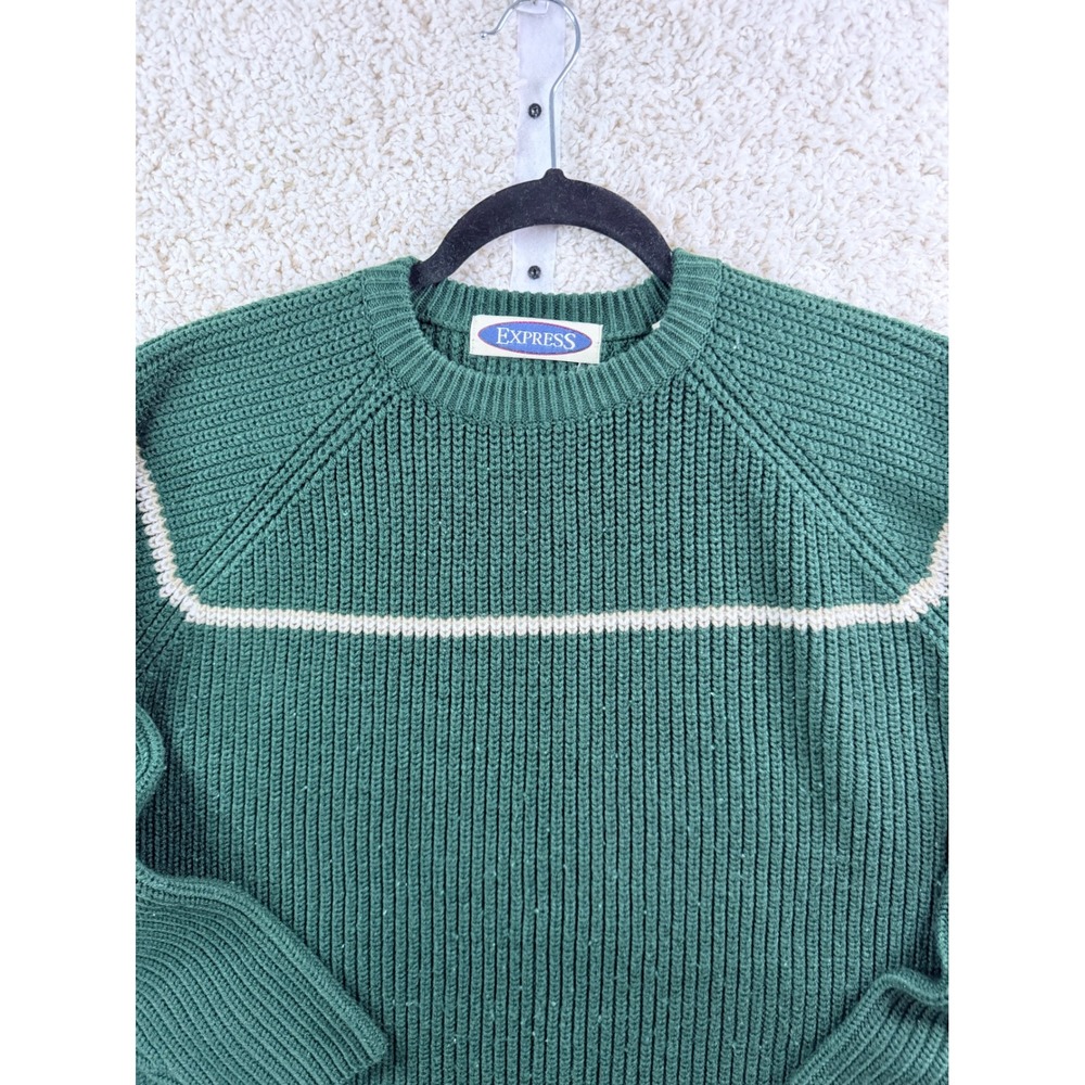 Vintage Express Sweater Women XL Green Ribbed Knit Crewneck Raglan Stripe - Picture 3 of 7